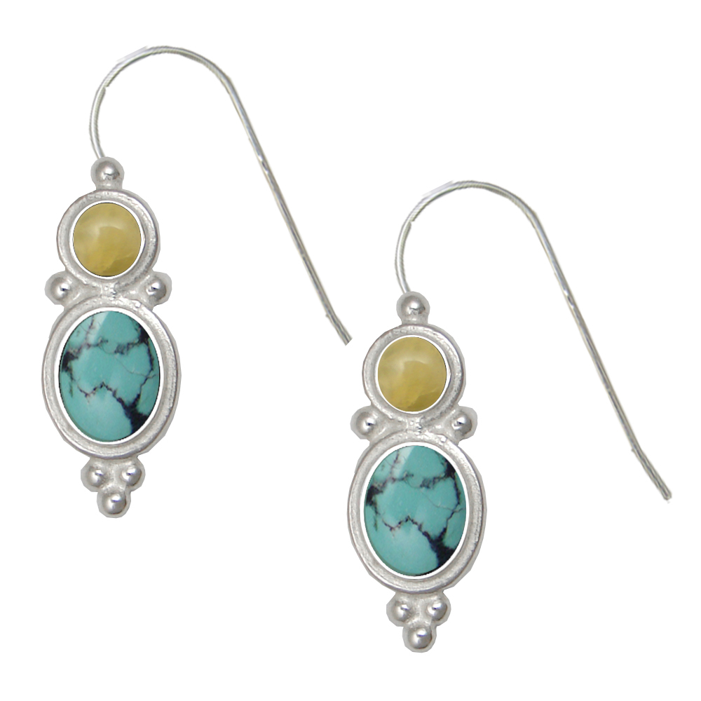 Sterling Silver Drop Dangle Earrings Chinese Turquoise And Yellow Aragonite